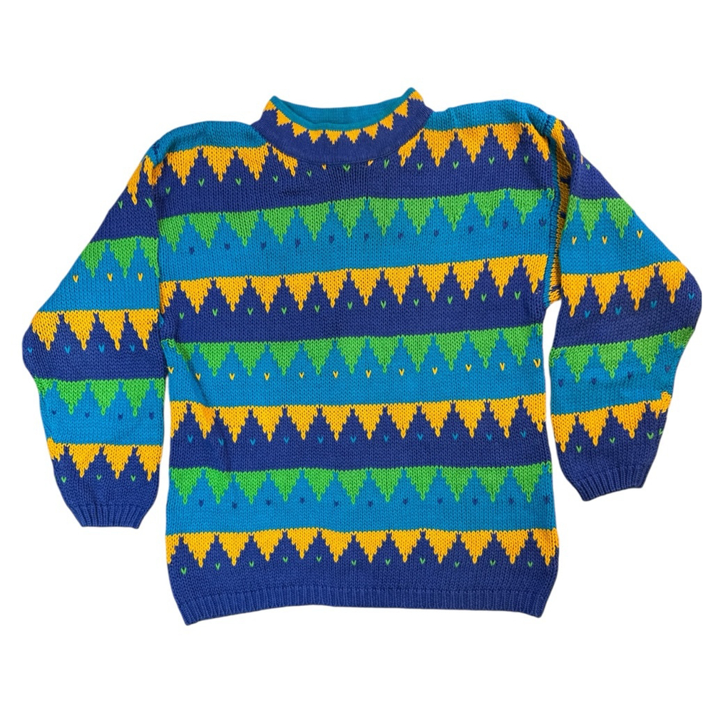B.G. BASICS Vintage 90s Colorful Sweater Purple Blue Geometric Size M
